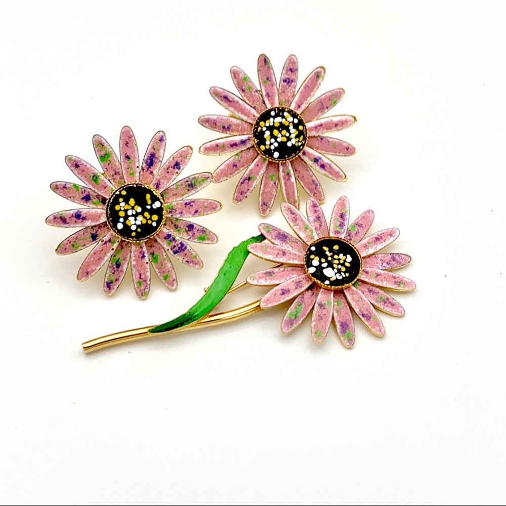Book Piece Flower Brooch Earrings Pink Vintage